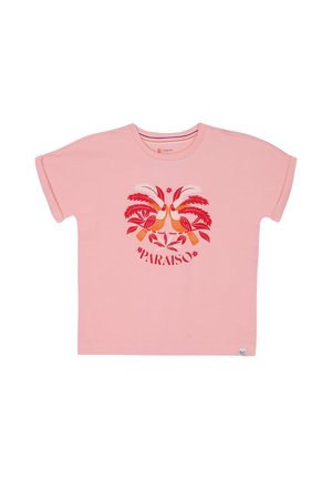 Jasnoróżowy bawełniany t-shirt z kolorową grafiką tropikalną przedstawiającą ptaki i liście palmowe, z tekstem 'PARAISO' napisanym dużą czerwoną czcionką poniżej.
