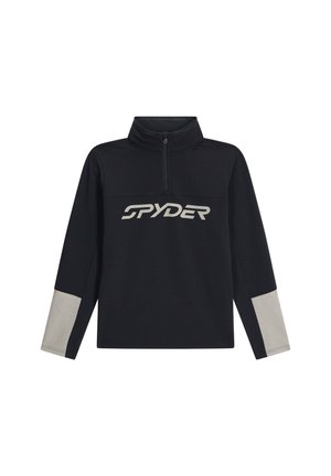Pullover nero a maniche lunghe con zip frontale, polsini grigi e grande logo "SPYDER" sul petto.
