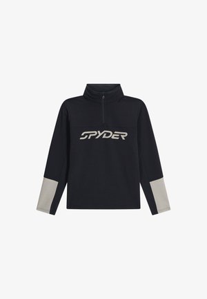 Schwarzer Pullover mit langen Ärmeln und Frontreißverschluss, grauen Ärmelbündchen und großem "SPYDER"-Logo auf der Brust.