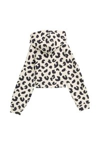 Cropped hoodie lavet af blødt stof med en cremefarvet baggrund og sorte leopardpletter, med en snor i hætten og lange ærmer.