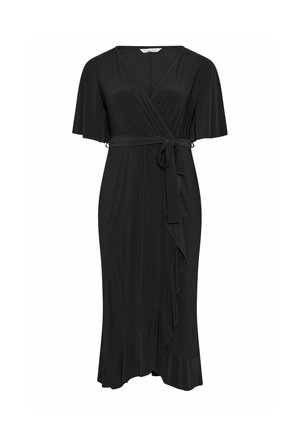 Vestito nero a portafoglio con maniche corte a volant, scollo a V, cintura in vita annodata e orlo asimmetrico arricciato.