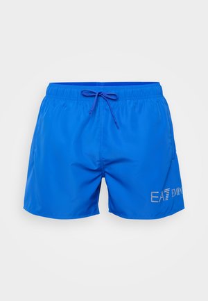 Modri kopalni kratki hlače iz lahkega materiala, z elastičnim pasom z vrvico in z zlatim tiskom "EAT EMPOR" ob strani.