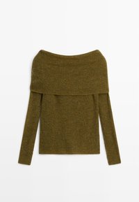 Strickpullover in Olivgrün mit schulterfreiem Design, langen Ärmeln und geripptem Textur, ausgestattet mit einem übergeschlagenen Halsausschnitt und einer lockeren Passform.