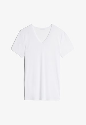 Witte V-hals t-shirt gemaakt van zachte, gladde stof. Korte mouwen, reguliere pasvorm, geen patronen of versieringen. Schoon, minimalistisch ontwerp.