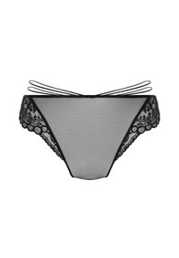 Zwarte kantjes slips met een doorschijnend mesh lijfje. Voorzien van een decoratieve golfrand en dunne bandjes op de rug. Lichtgewicht en minimalistisch ontwerp.