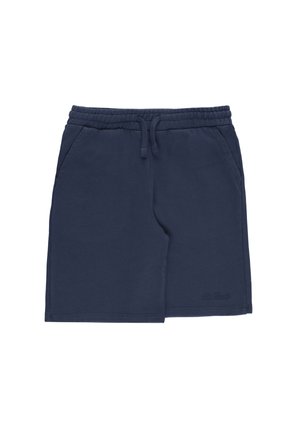 Pantaloncini blu navy con vita elastica, coulisse, tasche laterali e logo del marchio ricamato in modo discreto sulla gamba sinistra.