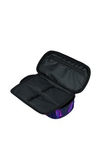 Borsa cosmetica multicolore con chiusura a zip. Presenta un interno nero con tasche e elastici per l'organizzazione. Tessuto resistente.