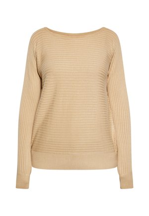 Beige langærmet ribstrikket sweater med rund halsudskæring og tætsiddende manchetter, vist på hvid baggrund.