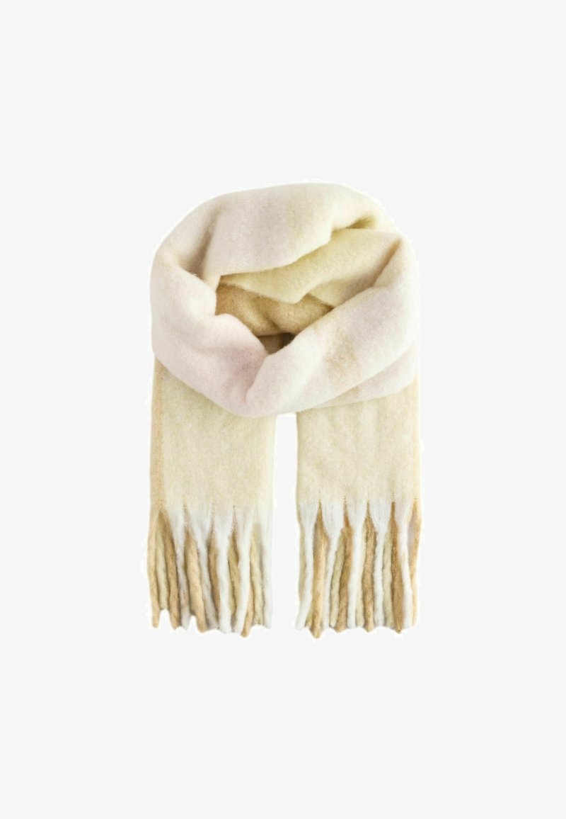 Weicher Wollschal in hellem Creme und zartem Rosa. Verfügt über Fransen an den Enden und eine strukturierte Oberfläche. Rechteckige Form.