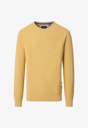 Maglione giallo lavorato a maglia con scollo rotondo, maniche lunghe, tessuto strutturato, polsini e orlo a coste, con una piccola etichetta del marchio sul lato.