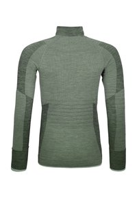 Long-sleeve top in dark green and light green hues, featuring a high collar, smooth texture, and contrasting panel details along the arms.
