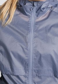 Veste coupe-vent légère bleue avec col montant, fermeture éclair intégrale à l'avant et poches latérales. Tissu lisse et brillant avec des détails minimalistes.