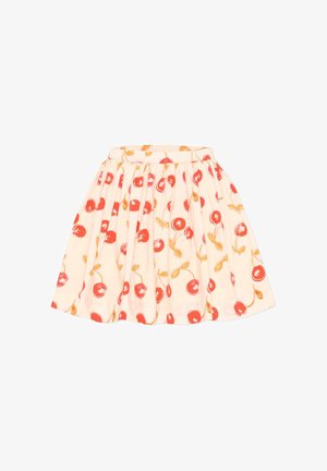 Roomkleurige geplooide rok met rode kersprint en lichtbruine stelen, voorzien van een elastische tailleband.