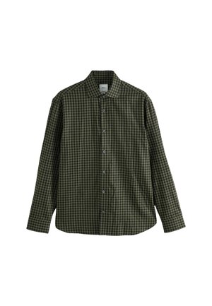 Camicia a quadri verdi e neri, maniche lunghe, davanti con bottoni, colletto classico, in tessuto di cotone, con bottoni leggermente lucidi.