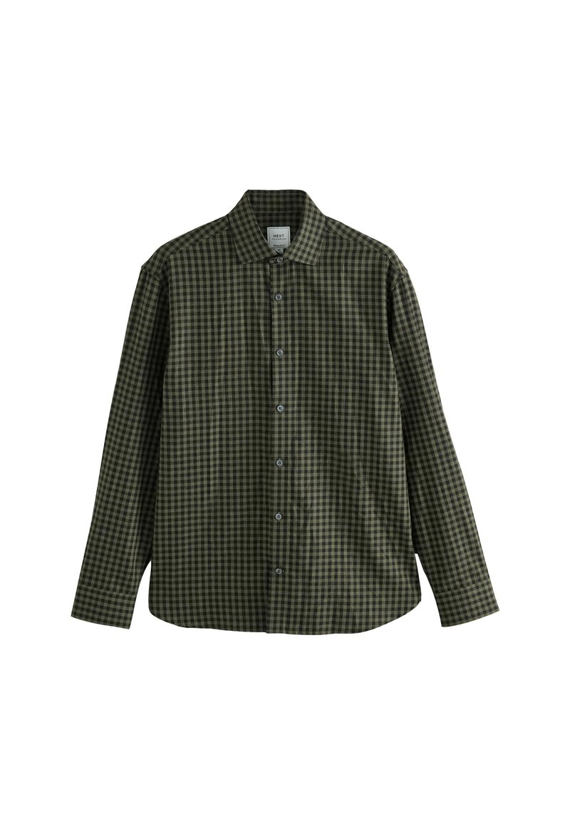 Groene en zwarte geruite overshirt, lange mouwen, knoopsluiting aan de voorkant, klassieke kraag, katoenen stof, met knopen met een lichte glans.