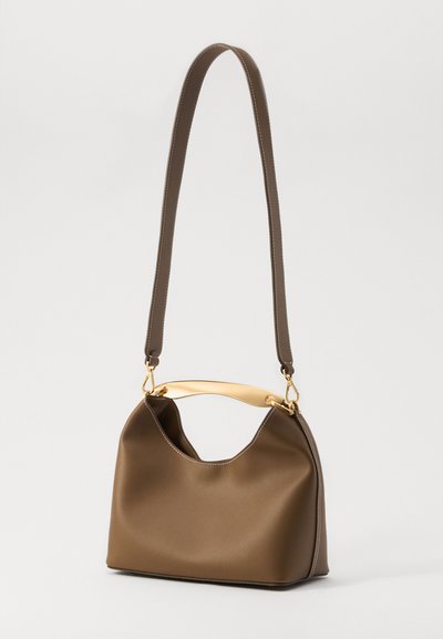 Brown satin handbag with a curved shape, golden hardware, and a single adjustable strap. Features contrasting white stitching detail.