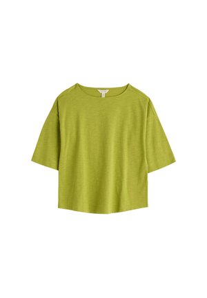 T-shirt corta a maniche corte di colore verde chiaro con scollo rotondo e vestibilità comoda, mostrata su sfondo bianco.