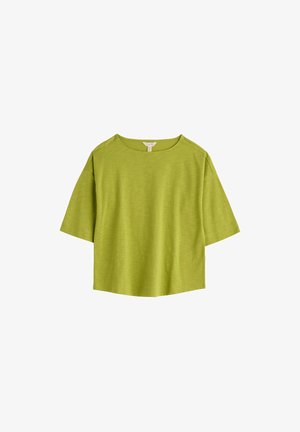 T-shirt corta a maniche corte di colore verde chiaro con scollo rotondo e vestibilità comoda, mostrata su sfondo bianco.