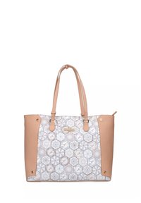 Borsa a tracolla con base in pelle rosa chiaro e tessuto decorato con disegni esagonali in blu e beige, manici doppi e dettagli dorati.