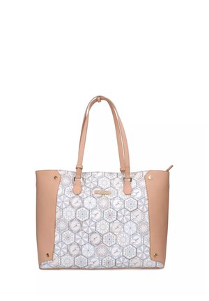 Borsa a tracolla con base in pelle rosa chiaro e tessuto decorato con disegni esagonali in blu e beige, manici doppi e dettagli dorati.