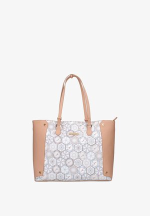 Borsa a tracolla con base in pelle rosa chiaro e tessuto decorato con disegni esagonali in blu e beige, manici doppi e dettagli dorati.