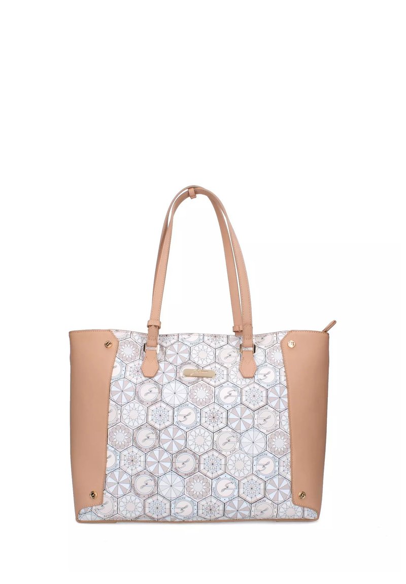 Borsa a tracolla con base in pelle rosa chiaro e tessuto decorato con disegni esagonali in blu e beige, manici doppi e dettagli dorati.