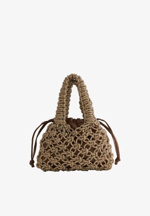 Brown handbag with soft fabric interior and exterior covered by a beige knitted net pattern, featuring two padded handles and drawstring sides.