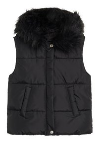 Schwarze Steppweste mit einem Kunstfellkragen, ausgestattet mit zwei Seitentaschen, einem Druckknopfverschluss und genähtem Textil für Wärme.