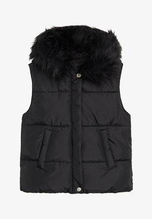 Chaleco de plumas negro con cuello de pelo sintético, que cuenta con dos bolsillos laterales, cierre a presión y textura acolchada para mayor calidez.