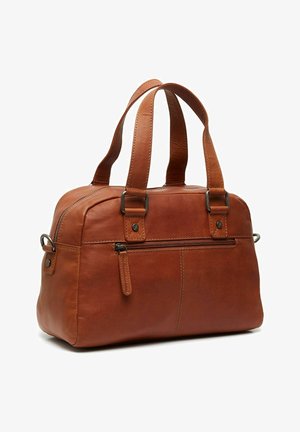 Braune Lederhandtasche mit zwei stabilen Griffen, runder Form, einem Reißverschluss oben und einer vorderen Außentasche mit einem Reißverschluss-Detail.