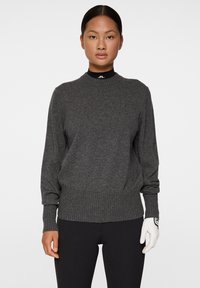 Mörkgrå stickad tröja med ribbade detaljer vid halsringning och ärmslut, med en subtil logotyp på bröstet och en passform som har ribbad nederkant.