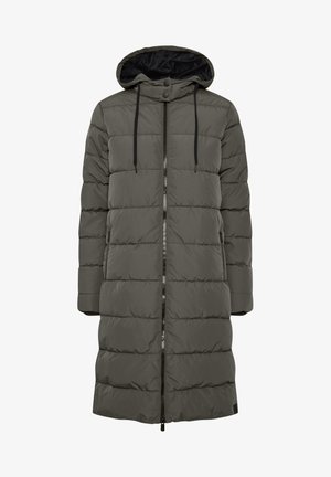 Dolg, oblazeni plašč v temno sivi barvi s kapuco, ki ima vodoravno prešite šive, sprednji zadrgo, naglašene vrvice in stranske žepe.