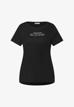 Schwarzes, kurzärmeliges, tailliertes T-Shirt mit weißem Schriftzug "Laboratoire de poesie" auf der Vorderseite und rundem Halsausschnitt.