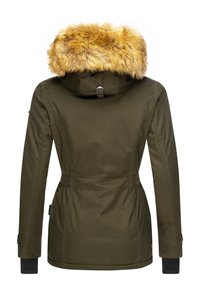 Olive green winter jacket with adjustable waist, black ribbed cuffs, and hood trimmed with thick golden brown faux fur, shown from back.