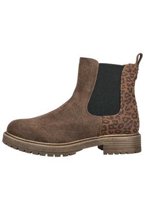 Brauner Chelsea-Stiefel aus Wildleder mit schwarzem elastischem Seitenpaneel und Leopardenmuster-Detail an der Ferse, profilierte Gummisohle und niedriger Absatz.