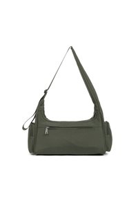 Borsa a spalla verde oliva realizzata in tessuto morbido, con una tasca con zip e una tracolla regolabile. Forma rettangolare con bordi arrotondati.