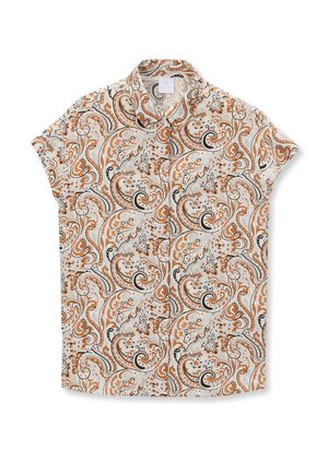Chemise à manches courtes avec boutons, motif cachemire marron, noir et blanc sur fond beige, col ouvert et étiquette de marque visible à l’intérieur.