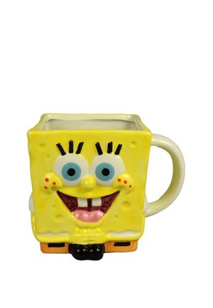 Yellow ceramic mug shaped like a smiling cartoon sponge character with large blue eyes, square body, and a handle on the right side.