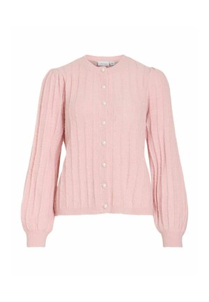 Rosa gestrickte Strickjacke mit vertikalen Rippen, Puffärmeln und kleinen runden Perlenknöpfen vorne. Weiche Textur und tailliertes Design.