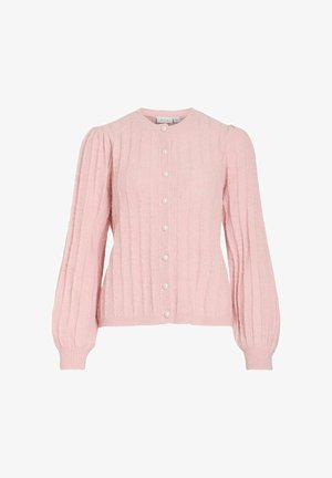 Rosa stickad kofta med vertikal ribbstickning, puffiga ärmar och små runda pärlknappar framtill. Mjuk textur och figurnära design.