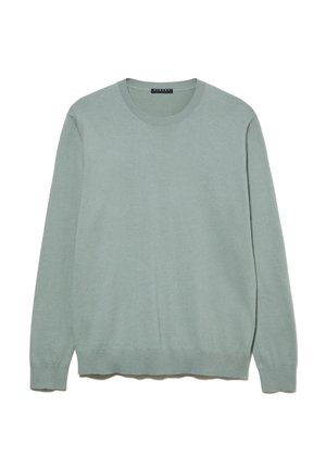 Maglione verde chiaro realizzato in morbido tessuto a maglia, con scollatura rotonda e maniche lunghe con polsini e orlo a coste.
