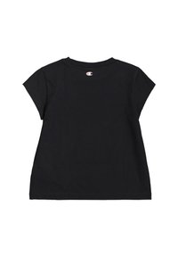 Camiseta de algodón negra con mangas cortas tipo farol, cuello redondo y un pequeño logo en la parte posterior del cuello. Textura suave, ajuste casual.