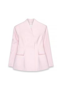 Gaiši rozā piegādāts blazeris ar garām piedurknēm, strukturētām šuvēm, šala apkakli un divām priekšējām kabatām.