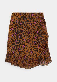 Leopardikuosinen hame, jossa ruskean sävyjä sekä mustia ja vaaleanpunaisia yksityiskohtia. Hameessa on röyhelöinen helma ja kietaisumalli. Kevyt kangas.