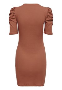 Robe mini couleur rouille avec manches ballons courtes, confectionnée en tissu côtelé. Présente une silhouette ajustée et un col rond.