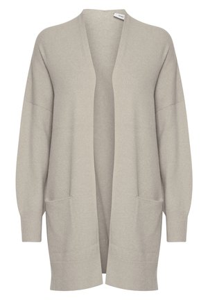 Lys beige cardigan med en løs pasform, åben front og lange ærmer. Har to forlommer samt ribbede manchetter og kant. Blød tekstur.
