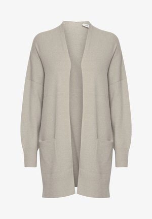 Šviesiai smėlio spalvos megztinis su laisvu kirpimu, atviru priekiu ir ilgomis rankovėmis. Yra dvi priekinės kišenės, taip pat nertomis rankovėmis ir apačia. Minkšta tekstūra.