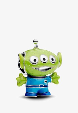 Figura aliena verde con tre occhi, che indossa un'uniforme blu. Presenta una texture lucida, dettagli argentati e un'antenna rotonda sulla testa.