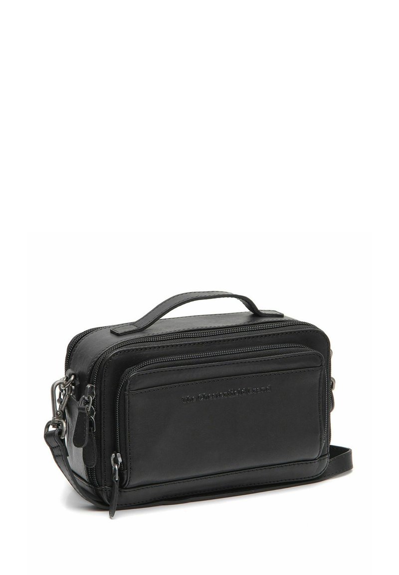 Borsa in pelle nera con un design compatto, dotata di doppia cerniera, manico superiore e tracolla staccabile per maggiore versatilità.