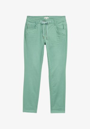 Pantaloni verde menta realizzati in morbido tessuto, con vita regolabile tramite cordoncino, due tasche frontali e sottili dettagli di cucitura lungo le cuciture laterali.